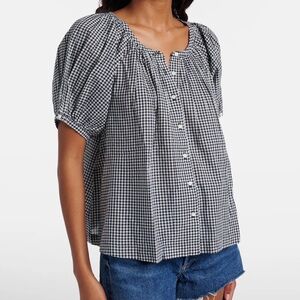 INDUSTRY NAVY COTTON GINGHAM CHECK PUFF SLEEVE TOP BOHO COTTAGECORE Ivory S